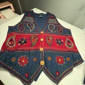 Embroidered vest, wooden buttons, cottagecore, paisley, floral